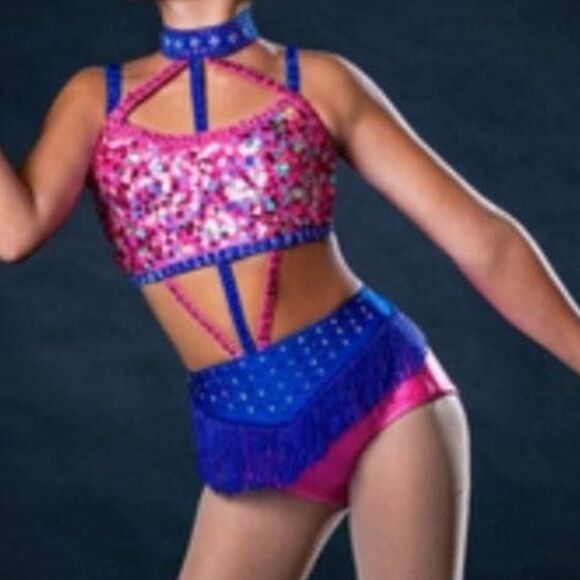 Glamour solo sassy dance costume blue pink embellished rhinestone fringe LC - Picture 12 of 13